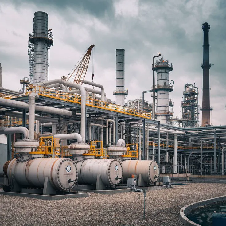 Petrochemical refinery: rows of pressure vessels, distillation columns, and tall flare stacks linked by silver pipework under an overcast sky